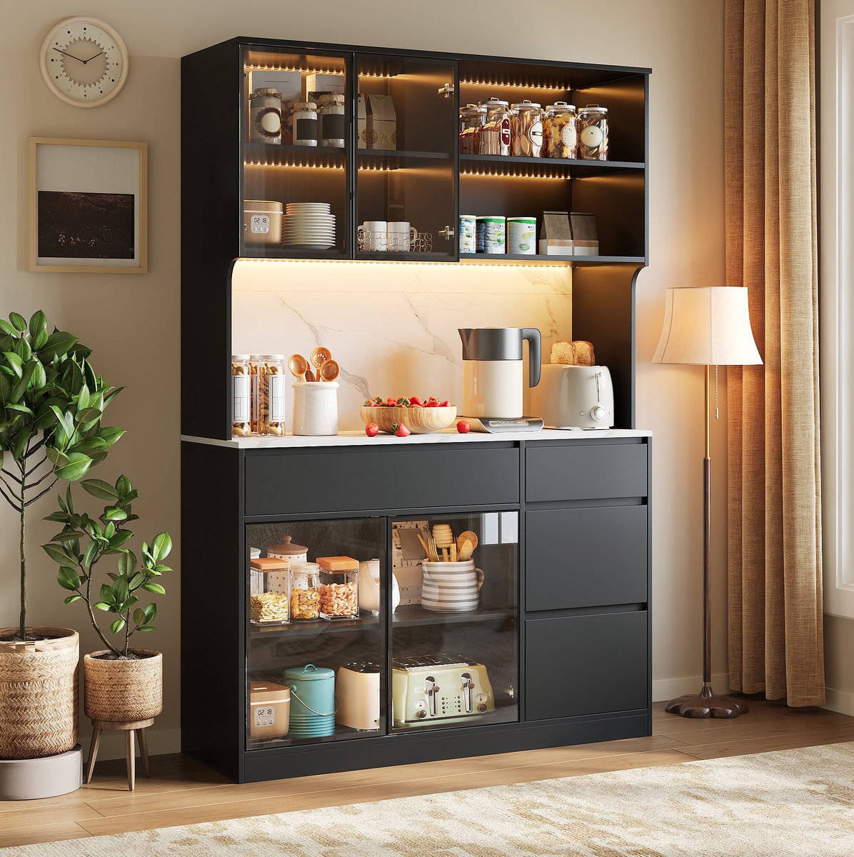 DESMIU Dressoir - Zwart Wit Ontwerp Met Marmerlook En Ledverlichting - Opbergen En Presenteren In Woonkamer Of Eetkamer - MDF - 120x40x180 Cm