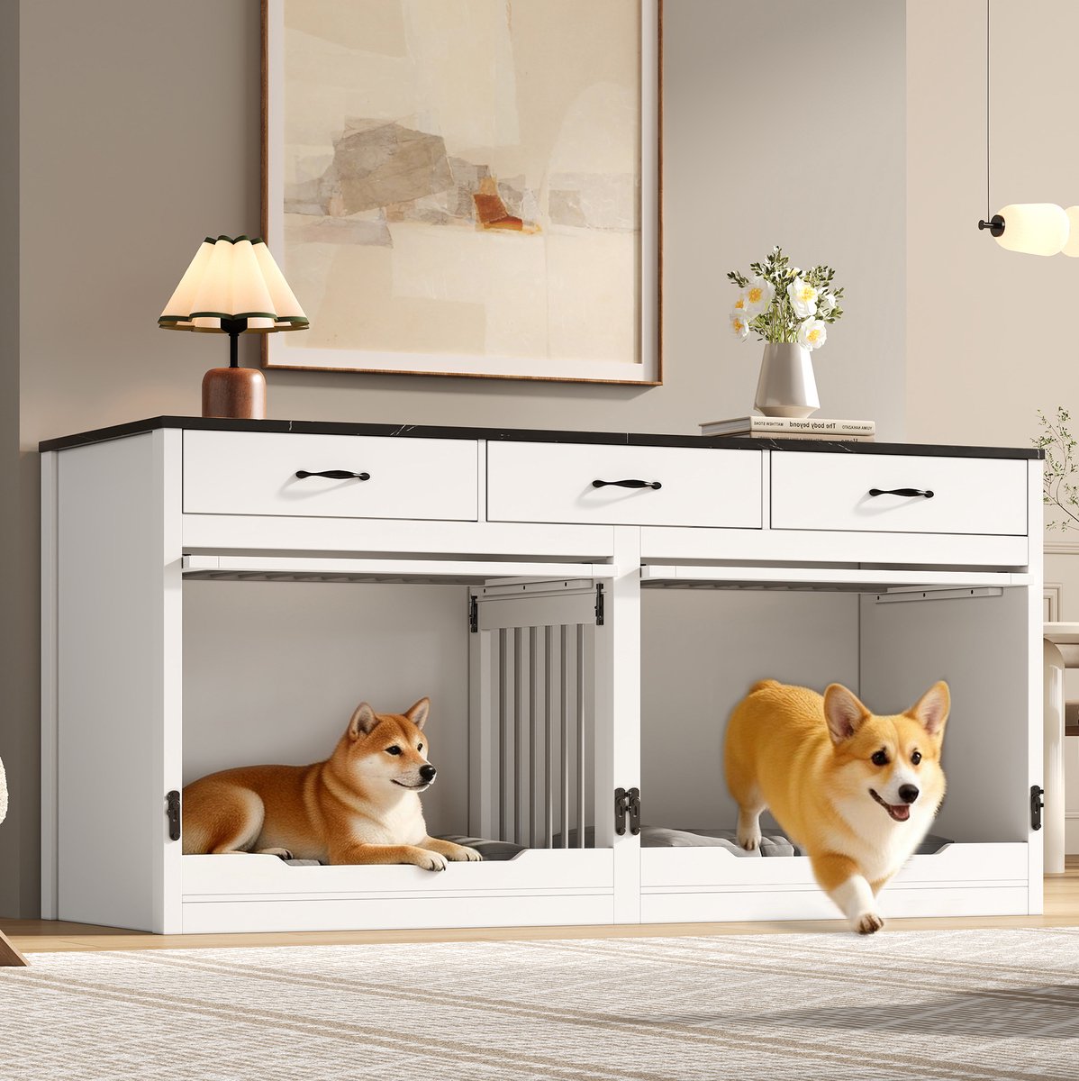 Hondenbench – 164 x 60 x 81 cm – Opklapbare Deur Met Slot – MDF En Metaal – Wit Zwart – 3 Lades – Voor Twee Honden