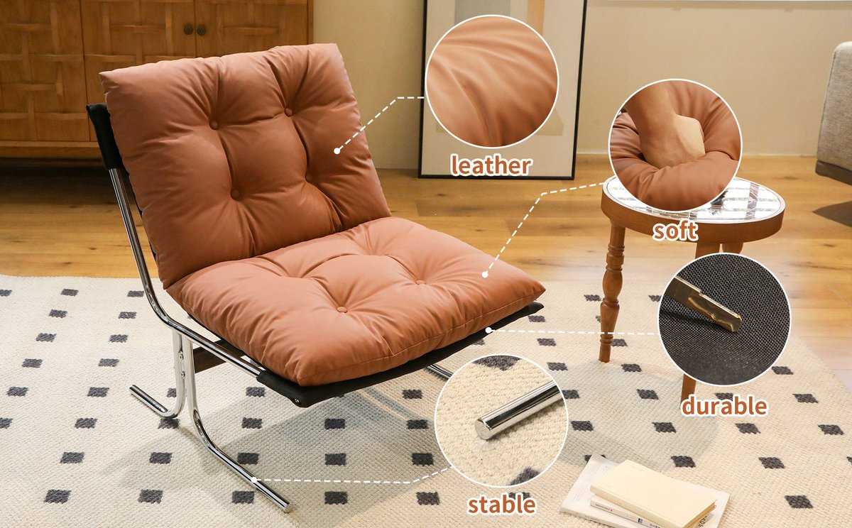 REDOM - Fauteuil - Barcelona-stijl - Zachte kunstleren bekleding - Afneembare bekleding - Metalen frame - Woonkamer - Slaapkamer - Balkon - Bruin - 72,2 x 84,1 x 84,6 cm