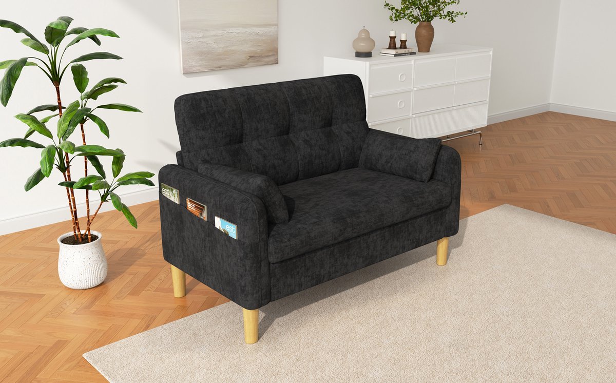 REDOM - Zitbank - 2 zitplaatsen - Hoge rugleuning - Zijvak voor opberging - 2 kussens - Chenille - Grijs - 119 x 78 x 85 cm