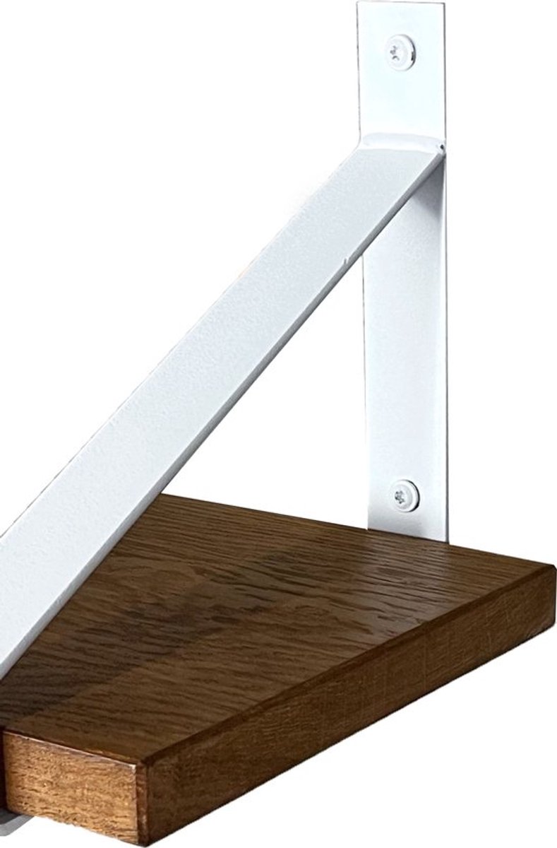 GoudmetHout Donkere Eiken Wandplank - 260x25 cm - 2 Industriële XL Plankdragers Mat Wit Donker eiken