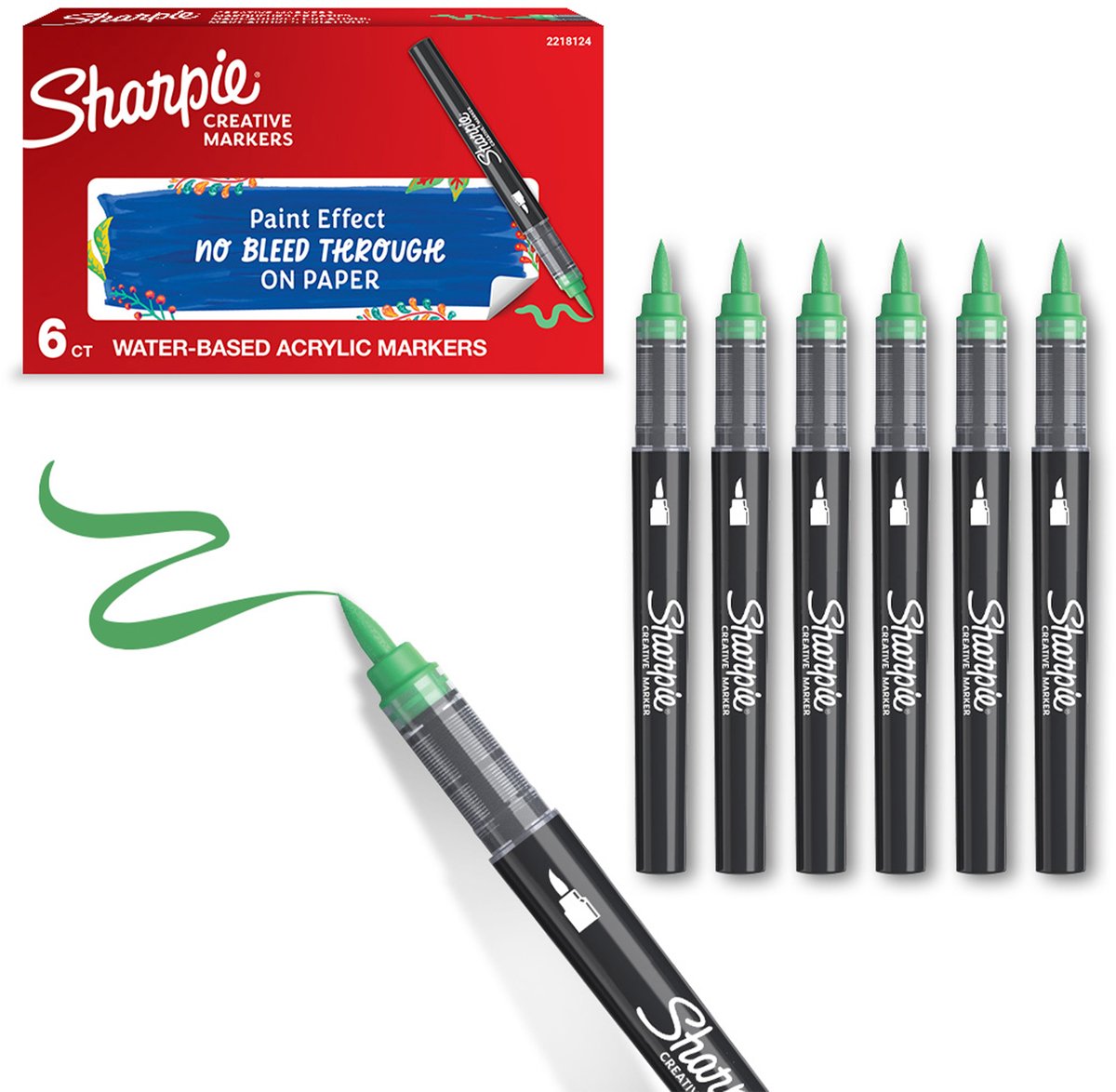 Sharpie Creative Marker Acrylverfmarkers | Brushtip | Verfmarkers op waterbasis | Inkt loopt niet door en geschikt voor de meeste oppervlakken | Groen | 6 stuks