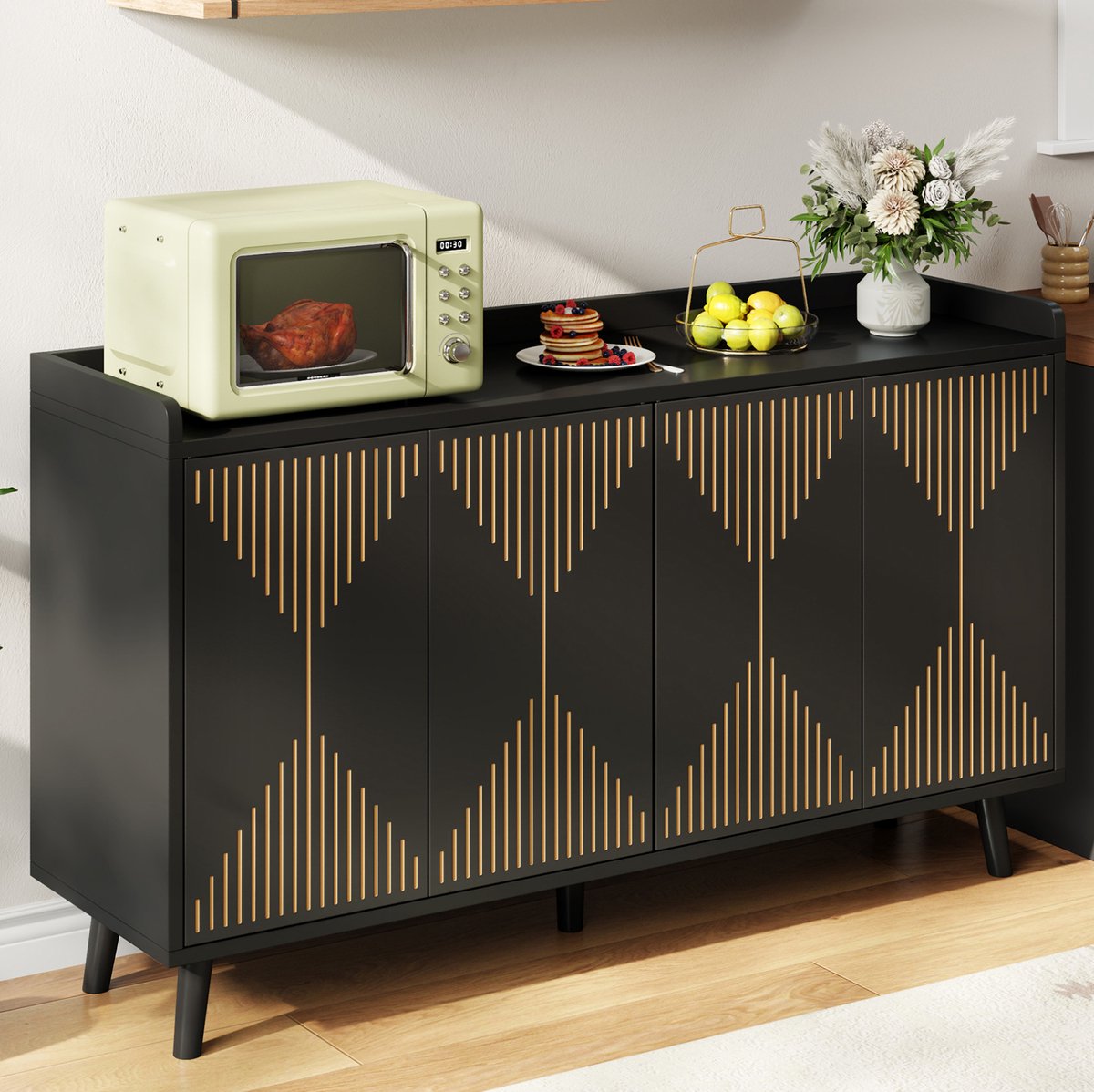 REDOM - Dressoir met 4 deuren - Verstelbare planken - Gesloten opbergruimte - Modern design - MDF - Zwart - 140 x 40 x 84 cm