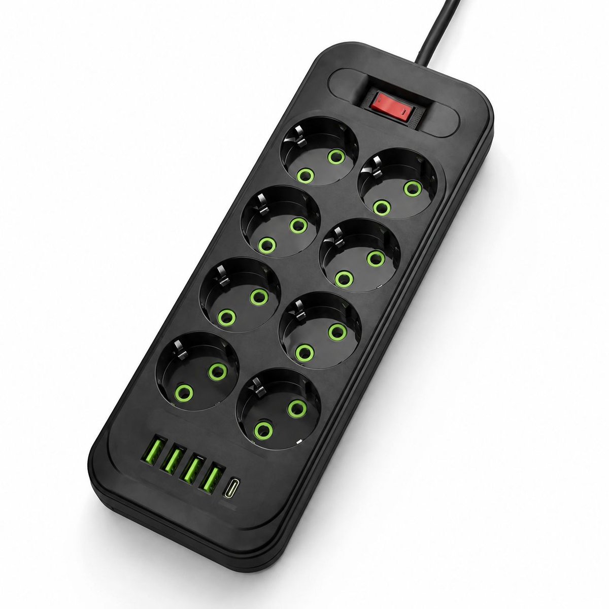 Stekkerdoos met 8 Stopcontacten / Witte Stroomverdeler met 4 USB Poorten & 1 Type-C / 2 Meter Lange Kabel / 2500W Overbelastingsbeveiliging / Smart Oplaadstation voor Thuis, Kantoor en Reizen