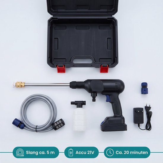 Cheqo® Hogedrukreiniger op Accu - Draadloze Hogedrukreiniger - Snoerloze Hogedrukspuit - Draagbare Drukspuit met Verstelbaar Mondstuk - Terrasreiniger en Autoreiniger voor Auto Wassen en Tuin - met Aanzuigslang - Accu en Lader - Opbergkoffer — afbeelding 2
