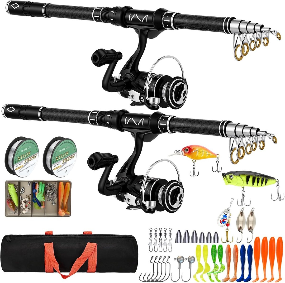 Complete Visset met 2 Uitschuifbare Hengels, Carbon Fiber, Spinning Reel, Aasdoos en Draagtas voor Zoet- en Zoutwater, Perfect voor Vissen en Reizen