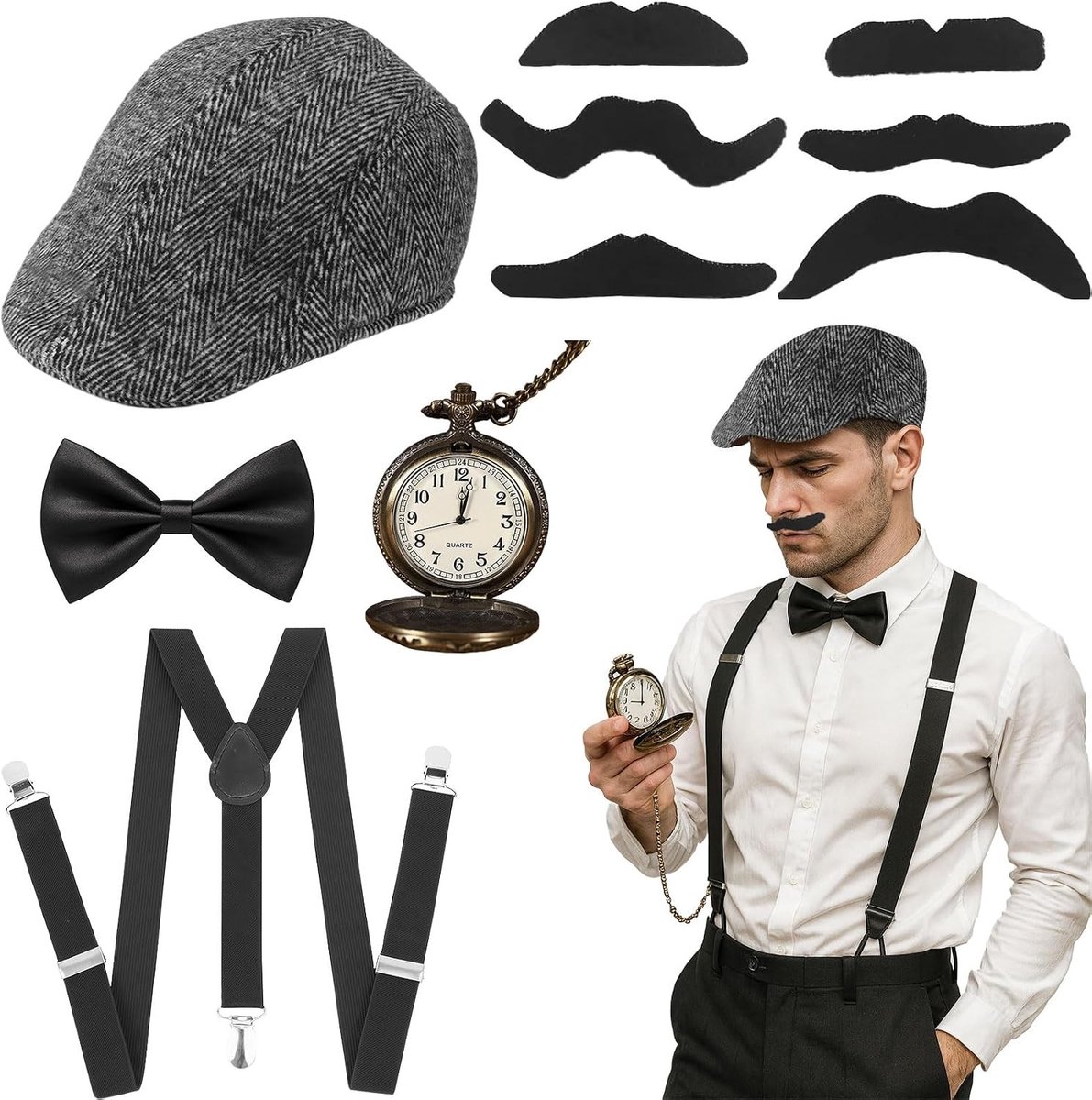 Stijlvol 1920s Gatsby Gangster Kostuum voor Mannen met Accessoires voor Kerst en Carnaval