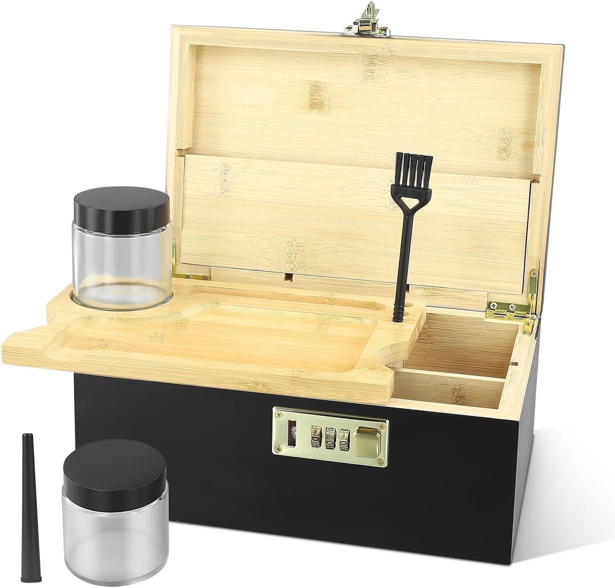 Elegante Opbergdoos van Bamboe met Combinatieslot, Inclusief 2 Glazen Flessen, Borstel en Opslagtubes voor Kruid, Sieraden en Accessoires, Perfect Cadeau voor Hem en Haar