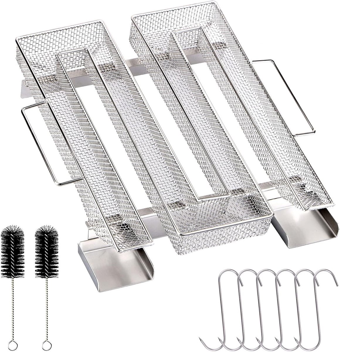 Koude Rookgenerator van RVS met Handvat, Inclusief 6 Vlees Haken en 2 Schoonmaakborstels voor Barbecue en Rookoven (22.5 x 21 x 4 cm)
