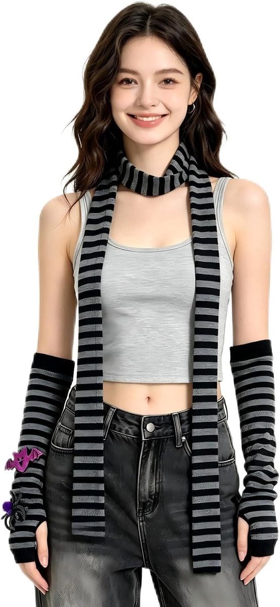 Zwarte en Grijze Gestreepte Armwarmers en Skinny Sjaal Set voor Vrouwen, Katoen, Vingerloos, Ideaal voor Halloween en Dagelijks Gebruik, Perfecte Layering Accessoires