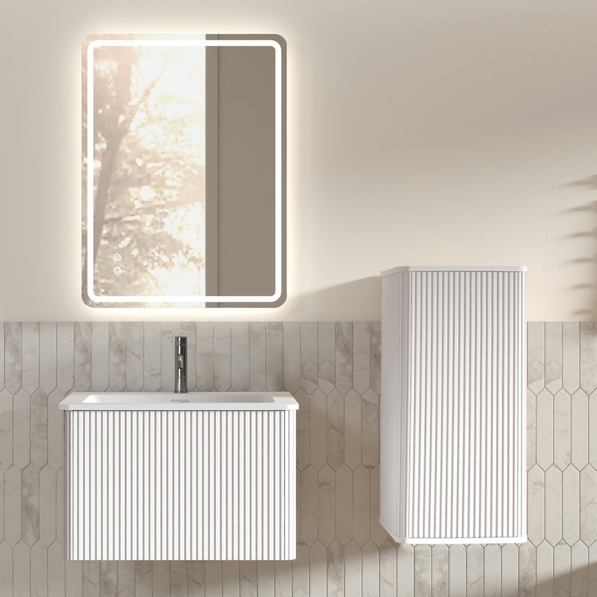 DESMIU Badmeubelset - LED Spiegel Met Verstelbare Helderheid En Lichtkleur - Wandhangend Voor Moderne Badkamer - Wit - 61x46,5x37 Cm