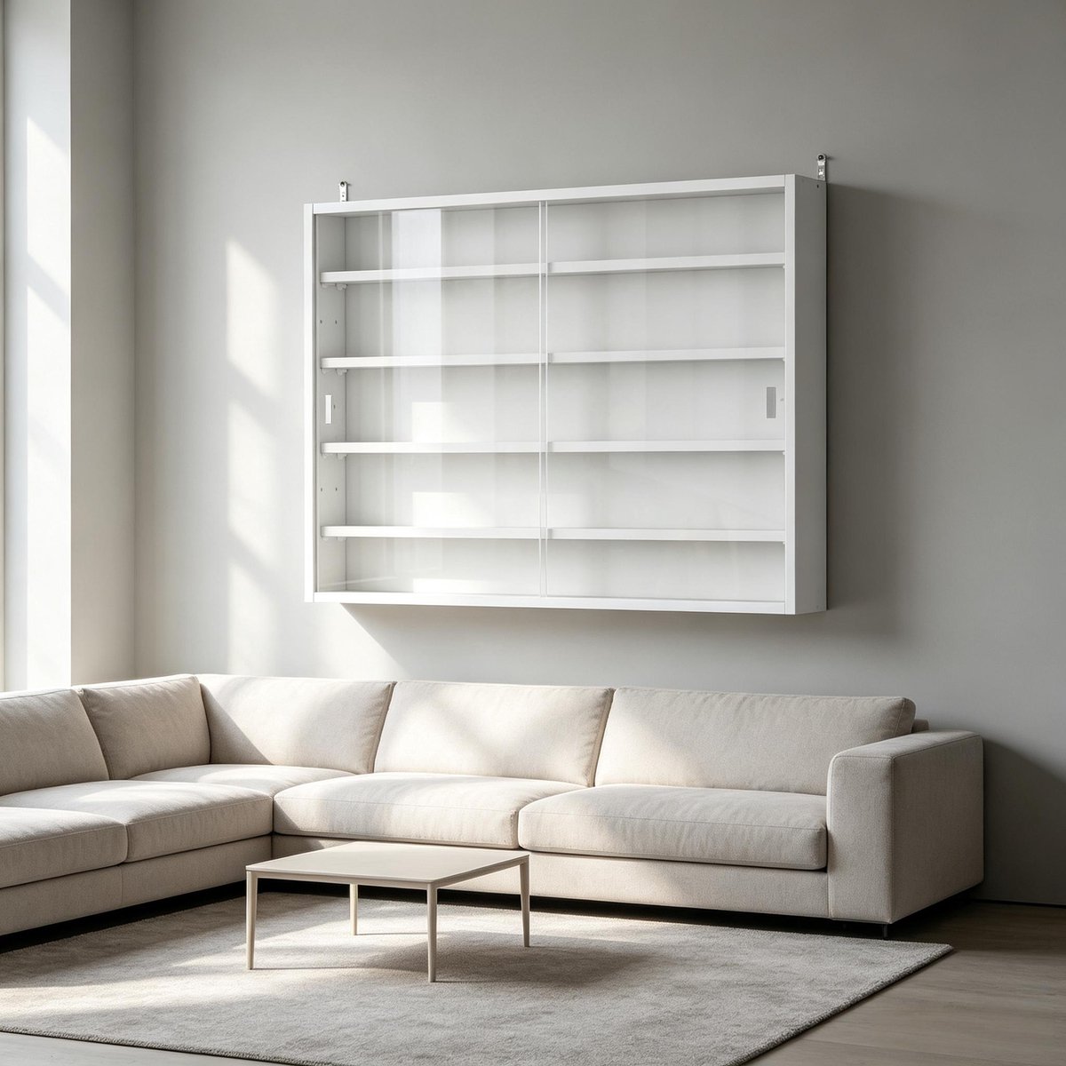 REDOM - Vitrinekast - Wandmontage - Vier verstelbare planken - Schuifdeuren van glas - Spaanplaat en glas - Moderne stijl - Wit - 80 x 9,5 x 60 cm
