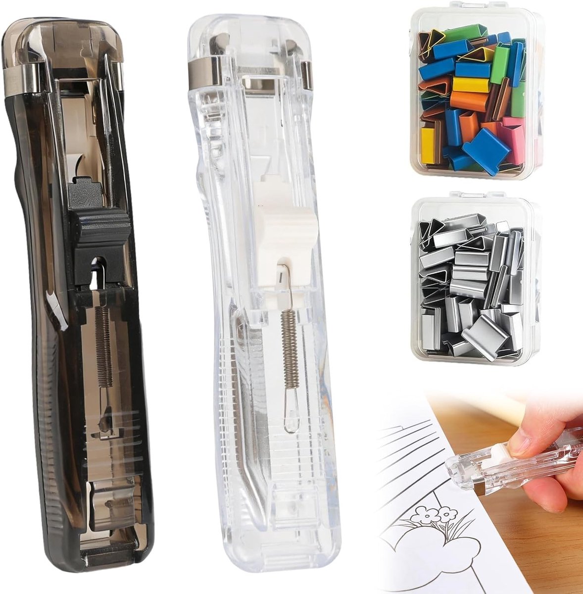 Set van 2 Herbruikbare Nietmachines - Transparant - Draagbare Binder-Clip-Nietjes voor Kantoor en Thuis
