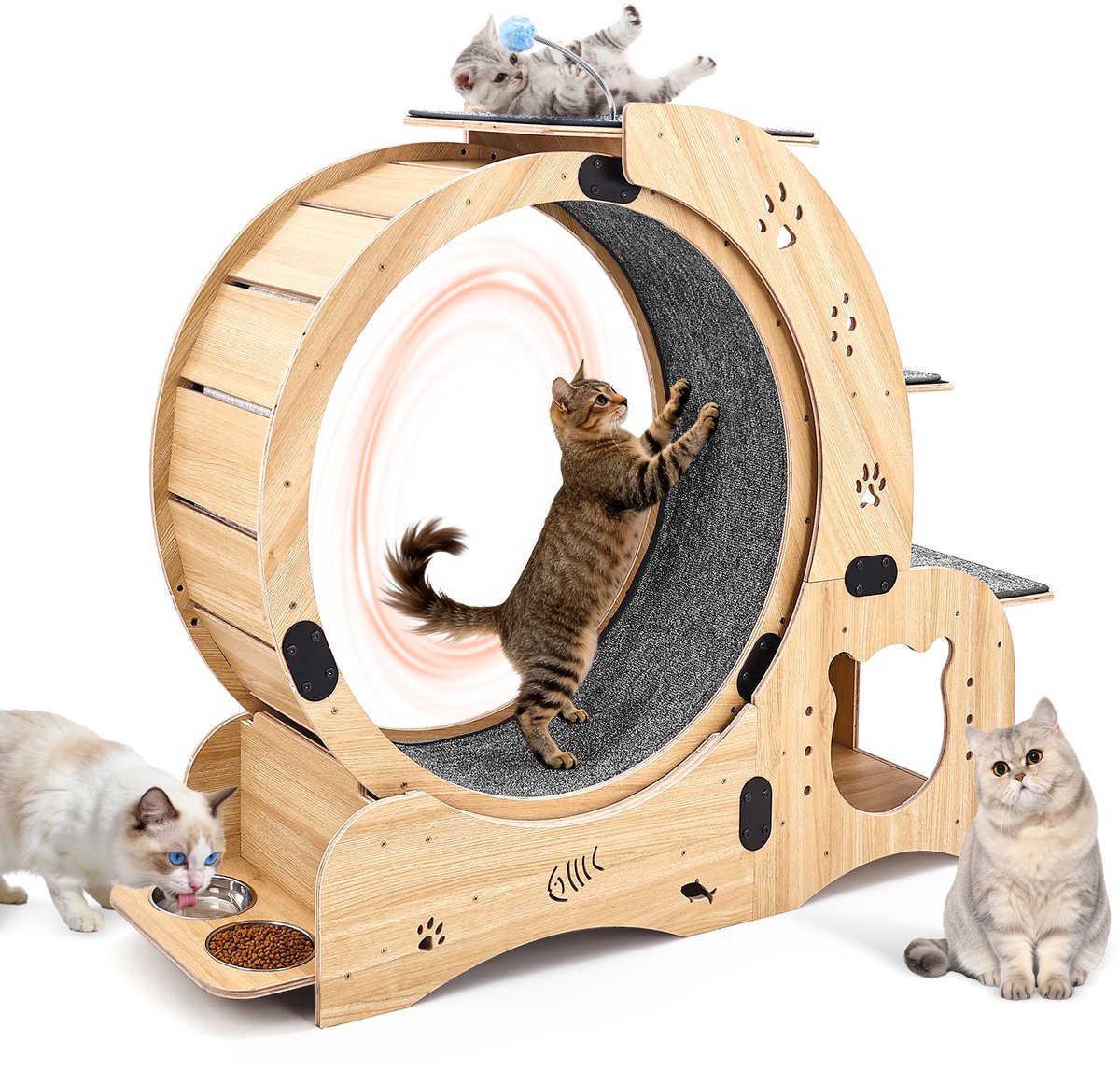 REDOM - Kattenloopwiel - 6-in-1 multifunctioneel - Stil draaiwielsysteem - Kattenhuis en kattenplank - Hout - Natuurlijk hout - 80 x 32,8 x 107 cm
