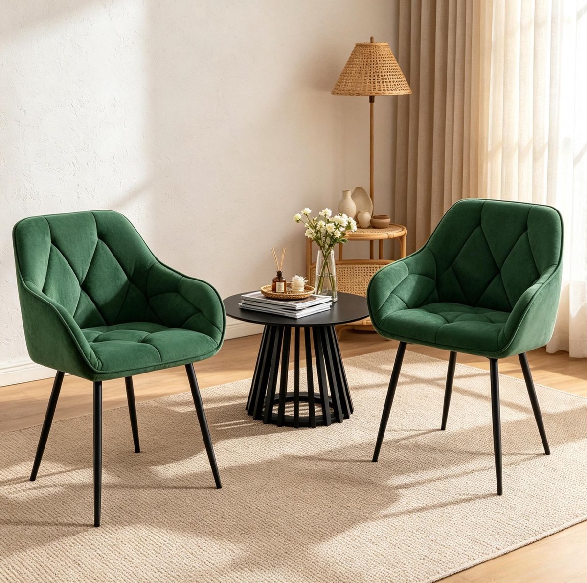 REDOM - Eetkamerstoel - Ergonomische rugleuning - Met armleuningen - Gewatteerde velvet zitting - Metalen onderstel - Set van 2 - Donkergroen - 45,5 x 45 x 83,5 cm