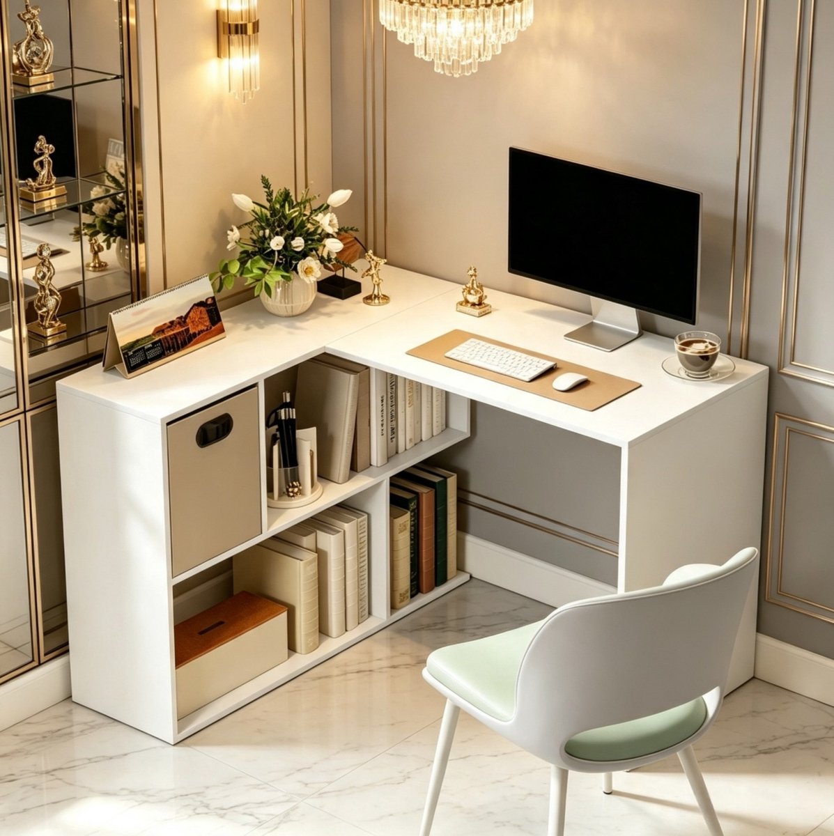 REDOM - Hoekbureau - L-vormig ontwerp - Open vakken en stoffen lade - Melamine oppervlak - Thuiswerkplek - Spaanplaat - Wit - 110 x 100 x 75 cm