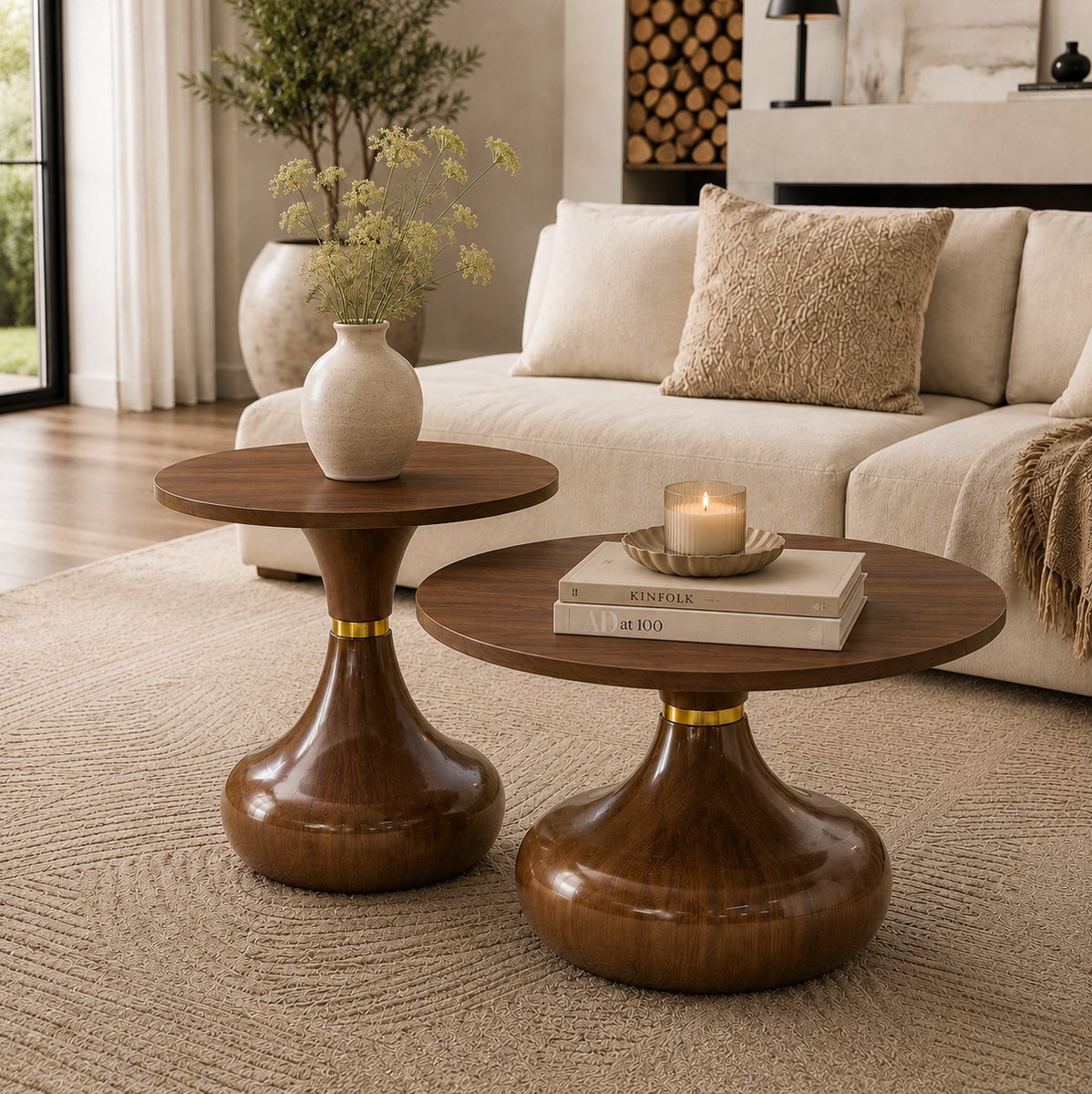 REDOM - Tafel set - Ronde salontafel en bijzettafel - Walnootlook - MDF en metaal - Moderne stijl - Woonkamer - Ø 70 cm en Ø 50 cm