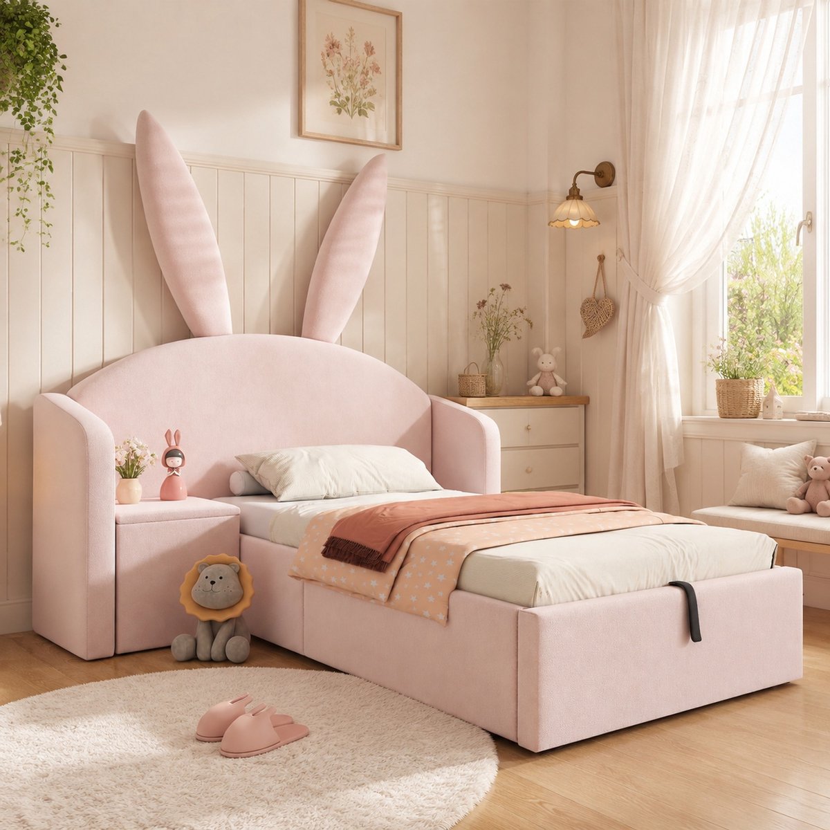 COVREO Kinderbed met opbergruimte en nachtkastje – 90x200 cm – Bed met lattenbodem – Voor kinderen – Roze - zonder matras Rose