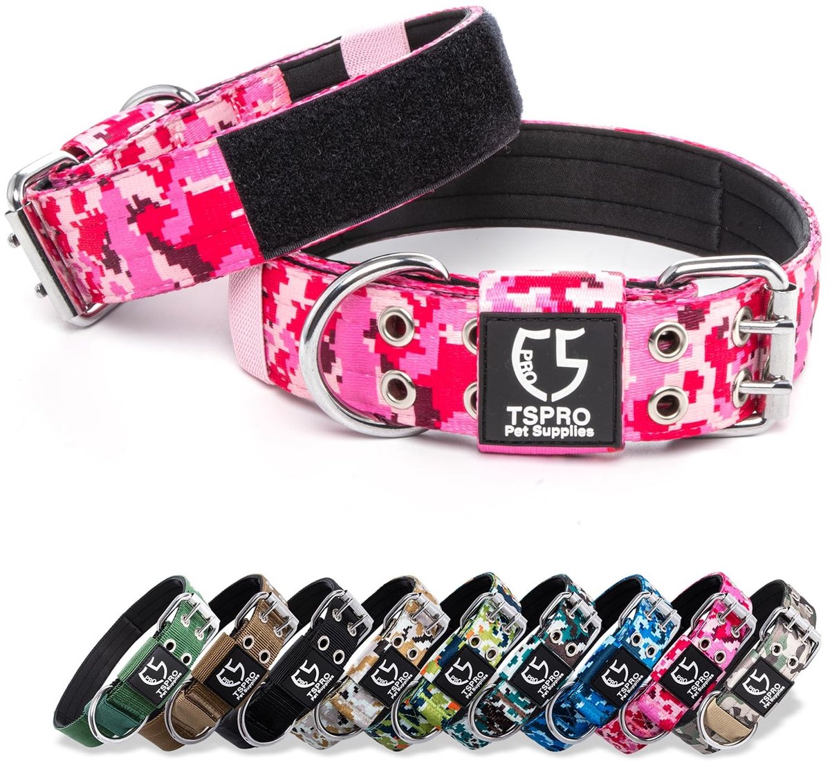 Elzusha - Hondenhalsband - Verstelbaar met Metalen Gesp en Verwijderbare Patches - Camo Roze - L-XL