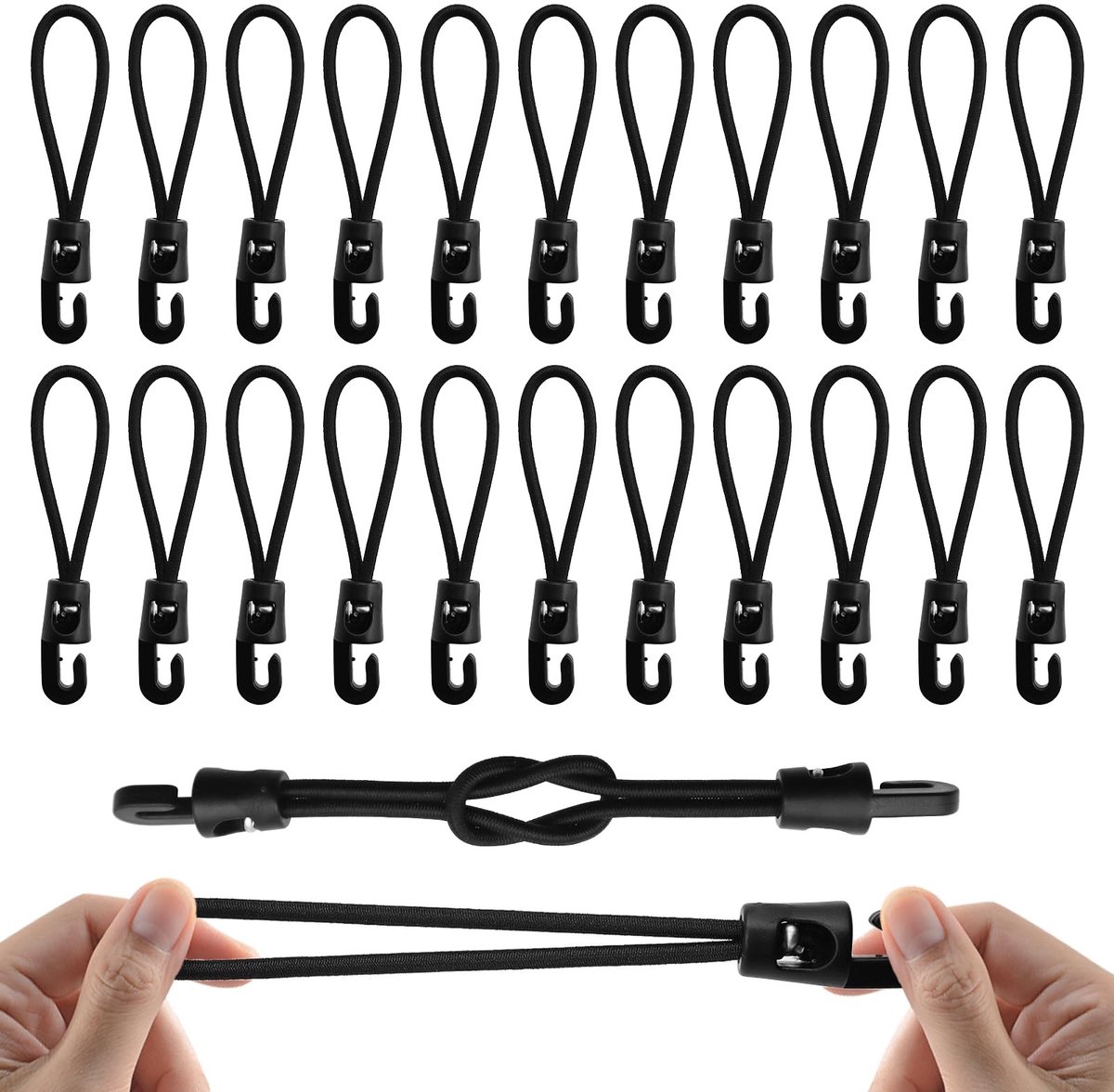 Elzusha - Set van 25 elastische touwen met haken - Zwart - 10 cm