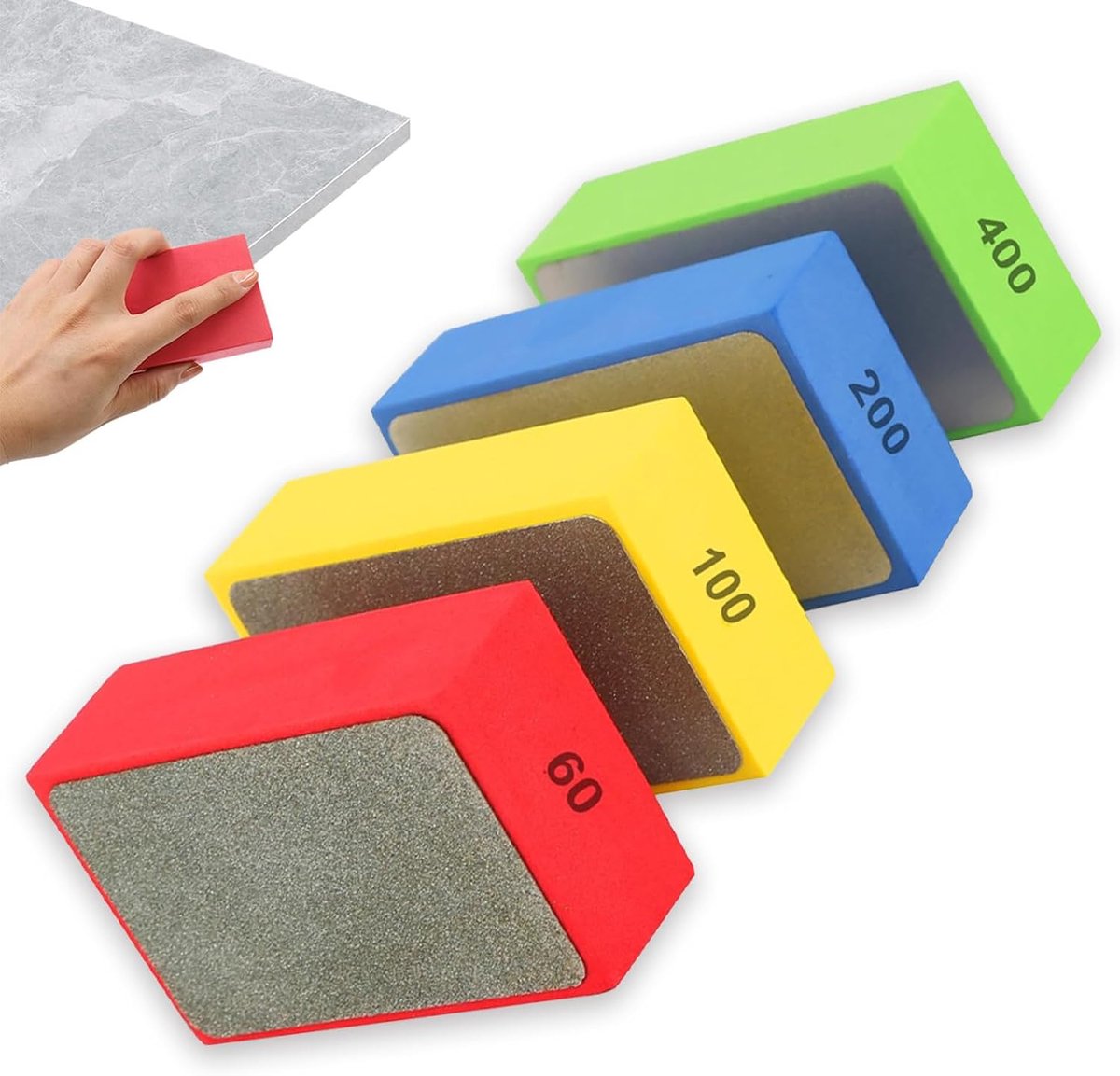 4-delige set met diamantschuurpads voor handschuren, glasschuurpads, diamantpolijstpads en diamantschuurpapier voor het slijpen, polijsten en schuren van keramiek (60#, 100#, 200#, 400#).