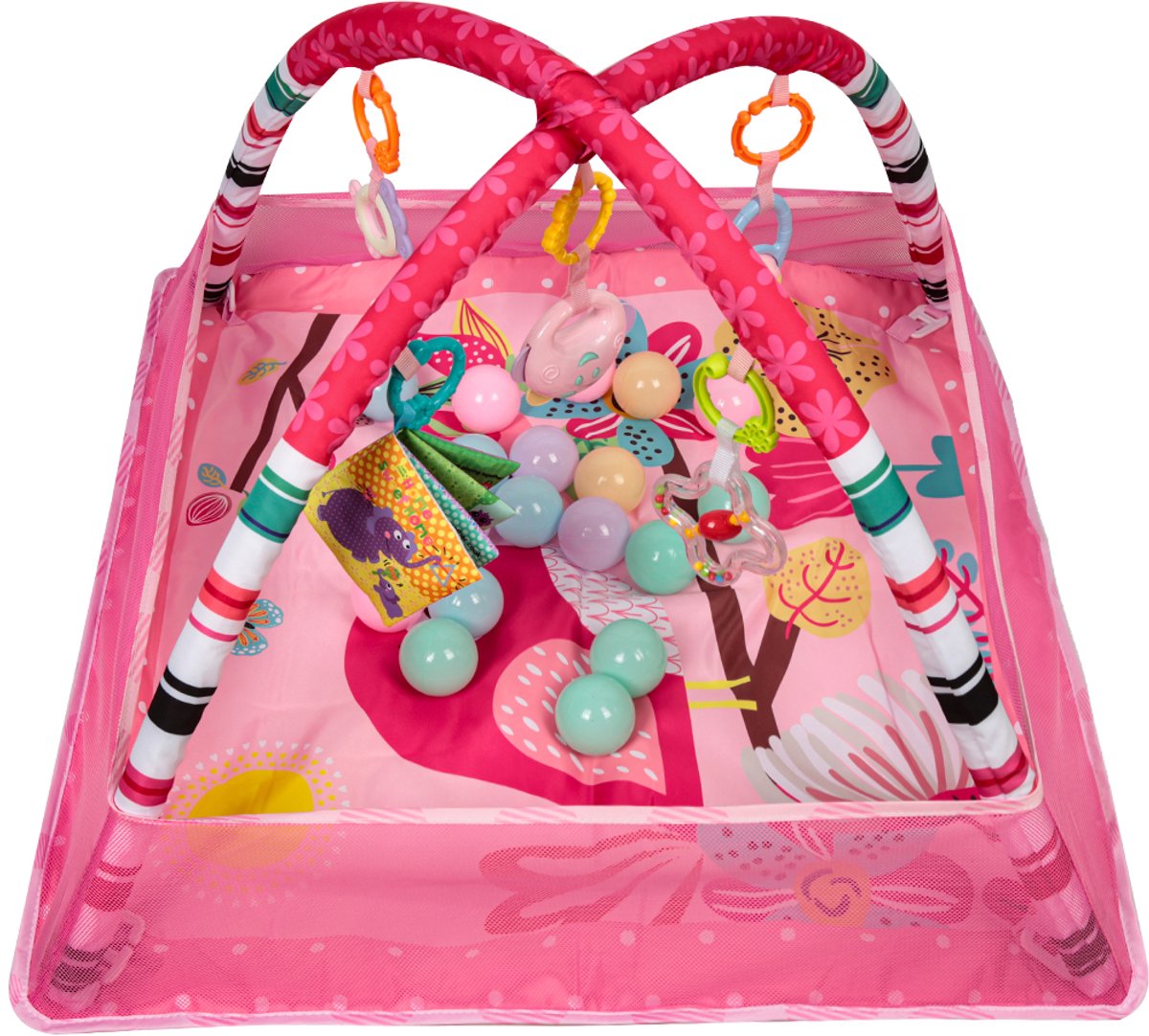 PIPIPOXER Babygym - Speelkleed Baby - Speelmat - Inclusief Speelmat & 18 Speelballen Dierenhangers - Vanaf 0 Maanden - Roze
