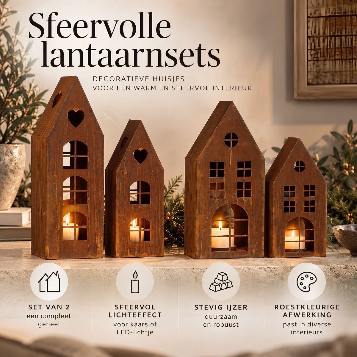 Mica Decorations Lantaarn Huis Roest Set van 2 - Decoratieve Lantaarns in Huisvorm - Sfeervolle Lantaarnset van Ijzer voor Kaars of LED-verlichting - L21 x B10 x H45 cm - Bruin — cadeau in Wonen & Interieur - foto 2