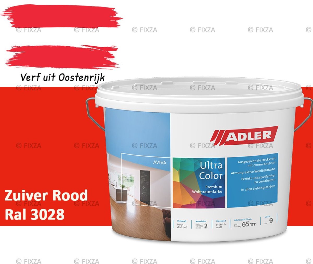 ADLER Aviva Ultra-Color SD Muurverf – Premium Matte Binnenmuurverf met Smart-Dry Technologie – Streeploos & Hoge Dekking – Zuiver Rood – 1 Liter