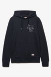 Donkerblauwe hoodie met 'Superdry & Co' logo, capuchon met trekkoord en een voorzak.