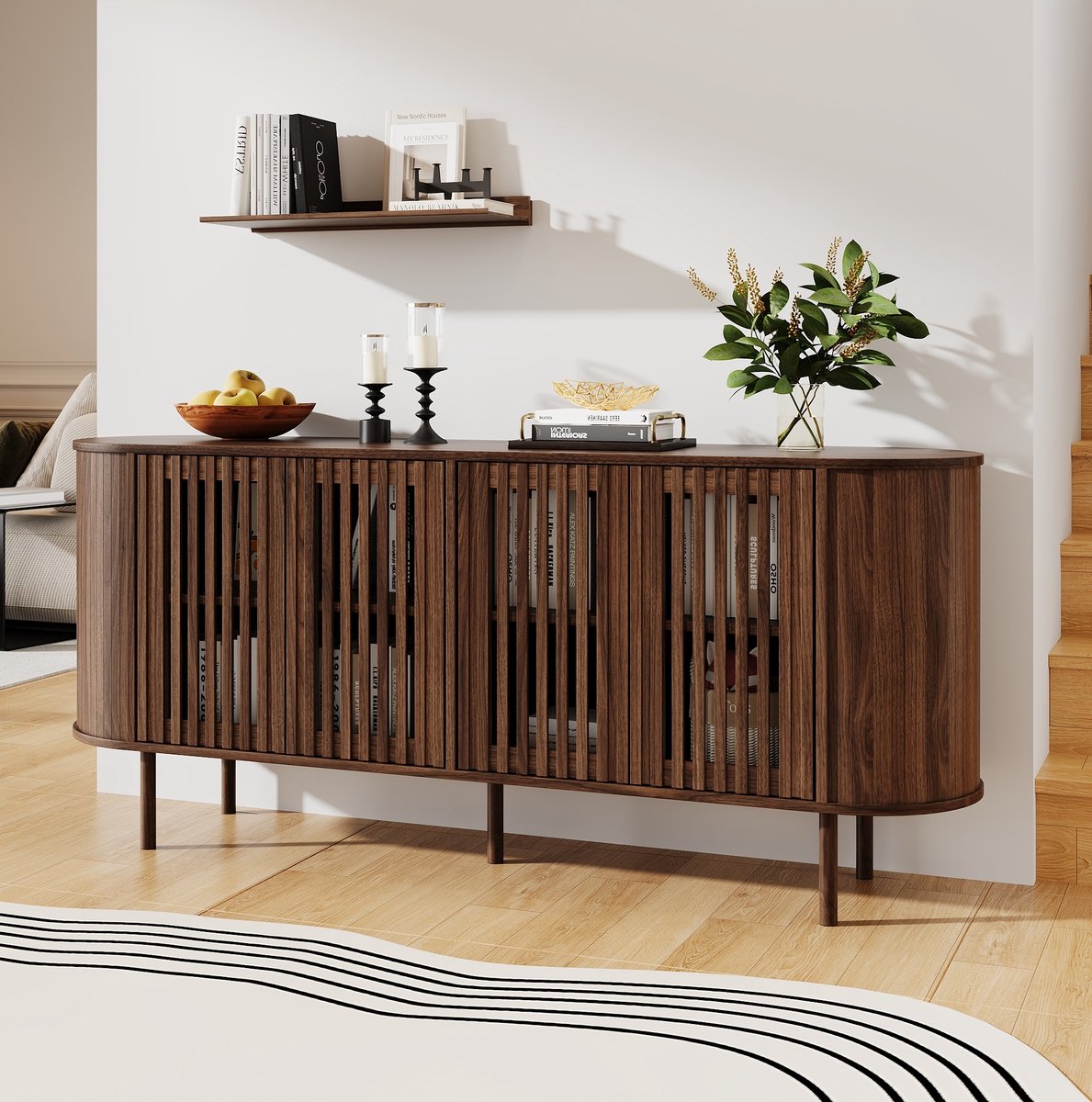 REDOM - Dressoir - 4 geperforeerde schuifdeuren - Verstelbare planken - Metalen poten - MDF - Walnootkleur - 160 x 40 x 70 cm