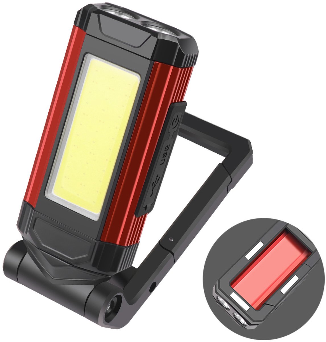 Oplaadbare LED-werklamp – Krachtige werklamp – Magnetische inspectielamp – Opvouwbare werklamp – Geschikt voor garages en kamperen – COB-zaklamp – USB-oplaadbaar – Ingebouwde 1800mAh-batterij – Opvouwbaar en multifunctioneel – Rood