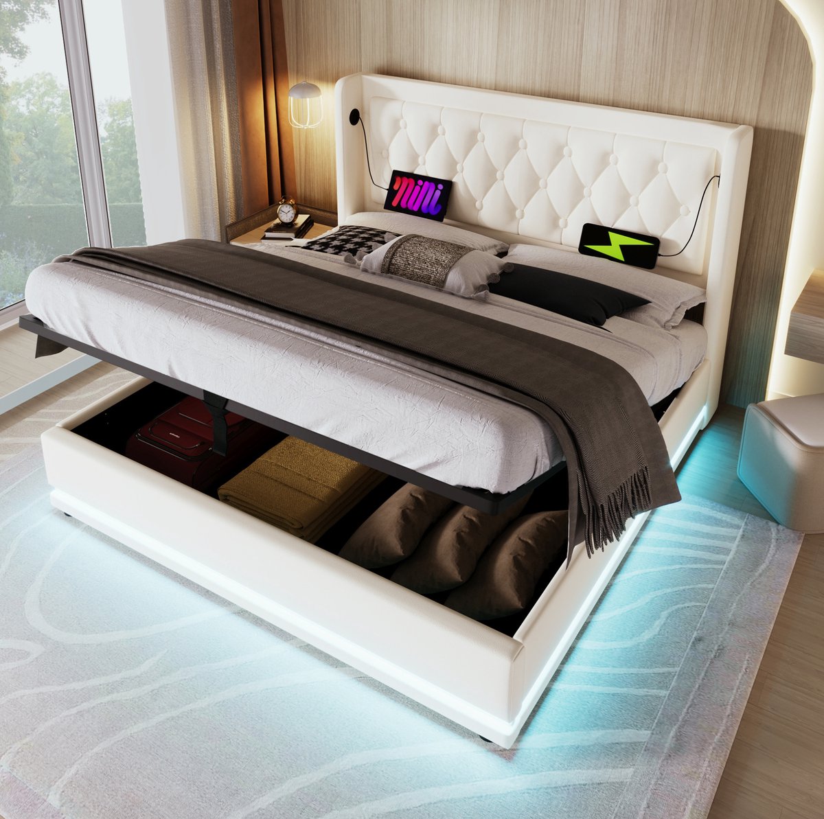 MIVRAY Normaal Bed 180x200 cm - Tweepersoonsbed Met USB Type C en Ledverlichting - Hydraulische Opbergruimte - Kunstleer - Wit