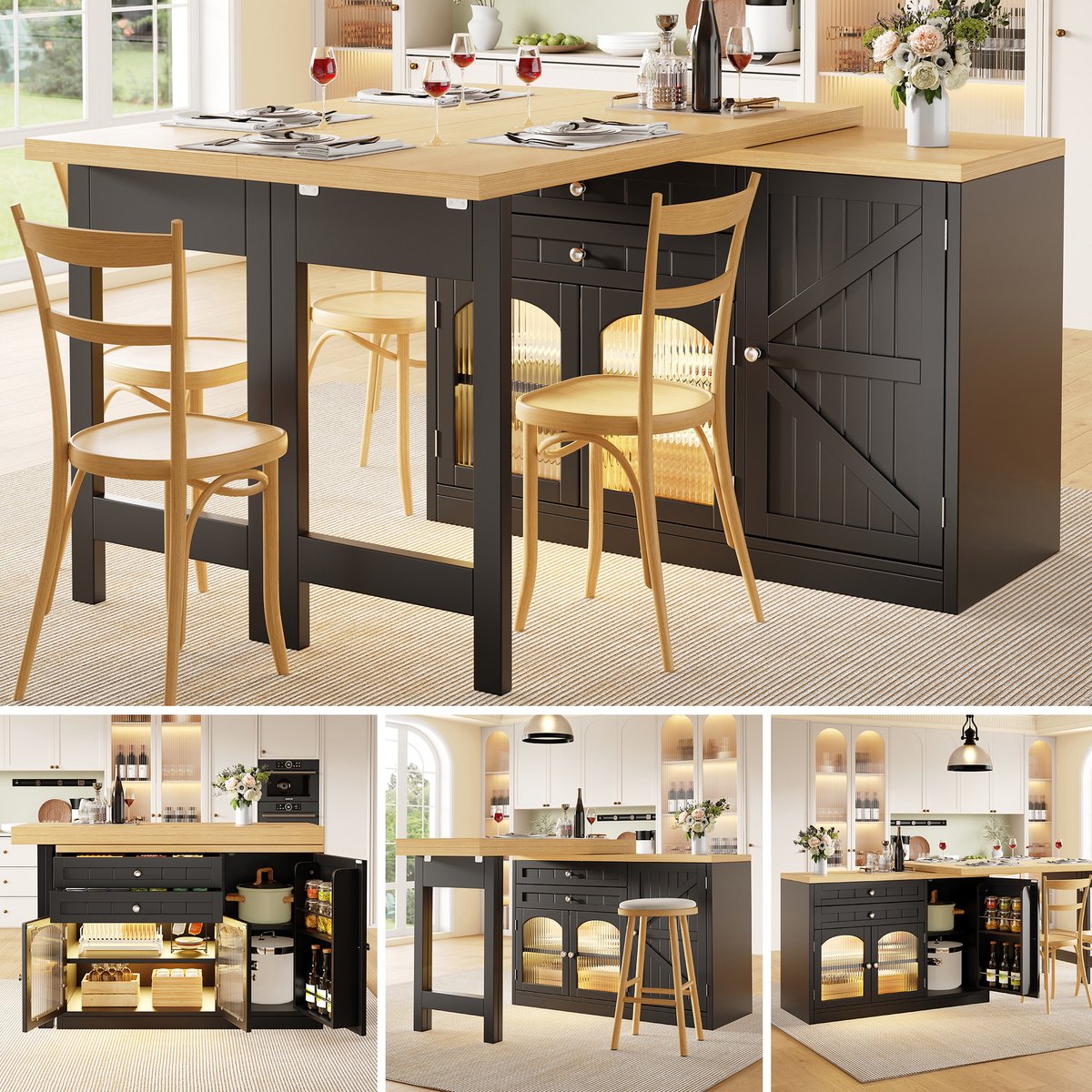 Clruro Keukeneiland - 120-194x40x73,5 cm - 360° Draaibaar - Glazen Deuren en Laden - MDF - Wit/Zwart