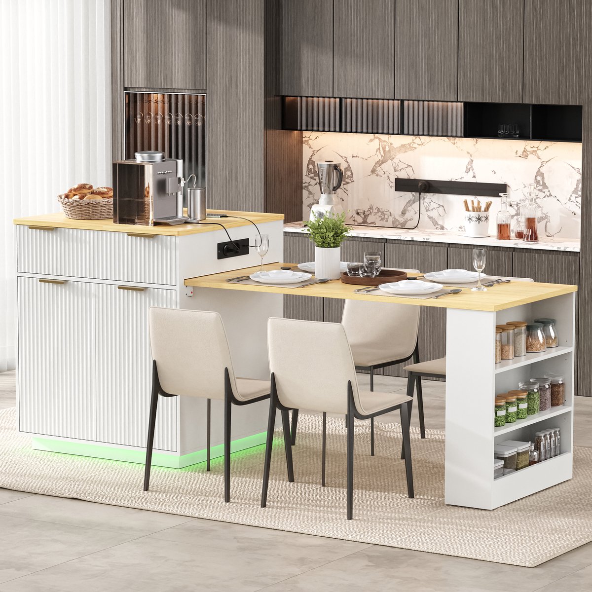 Clruro Keukeneiland - 205x67x92 cm - Verrijdbaar - LED, Laden en Verstelbare Planken - MDF - Wit