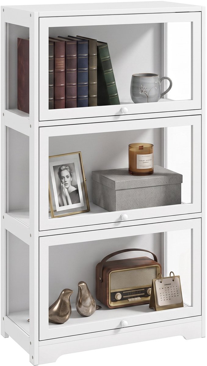 ECTEATOY® Vitrinekast - Opbergbox met 3 niveaus - opklapbare acryl schuifdeuren - 59x30x106 cm - Wit