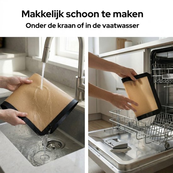 Collage: een bakmat wordt onder een kraan schoongemaakt en in een vaatwasser geplaatst.