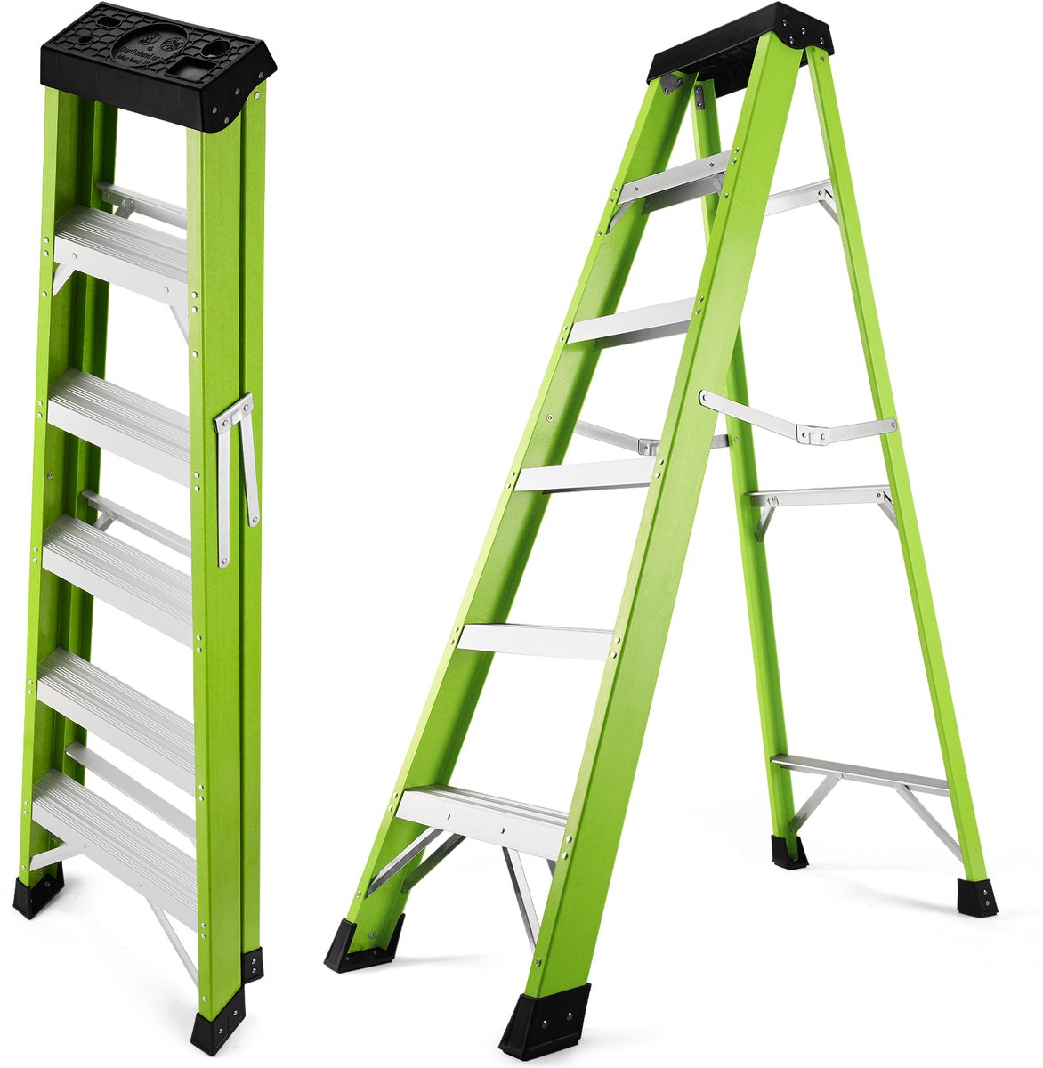 5-Treden Dubbelzijdige Opvouwbare Glasvezel Ladder - Antislip Voeten - Draagvermogen 150 kg - Geïsoleerd voor Elektrisch Werk - Inklapbaar Ontwerp - Groene Kleur