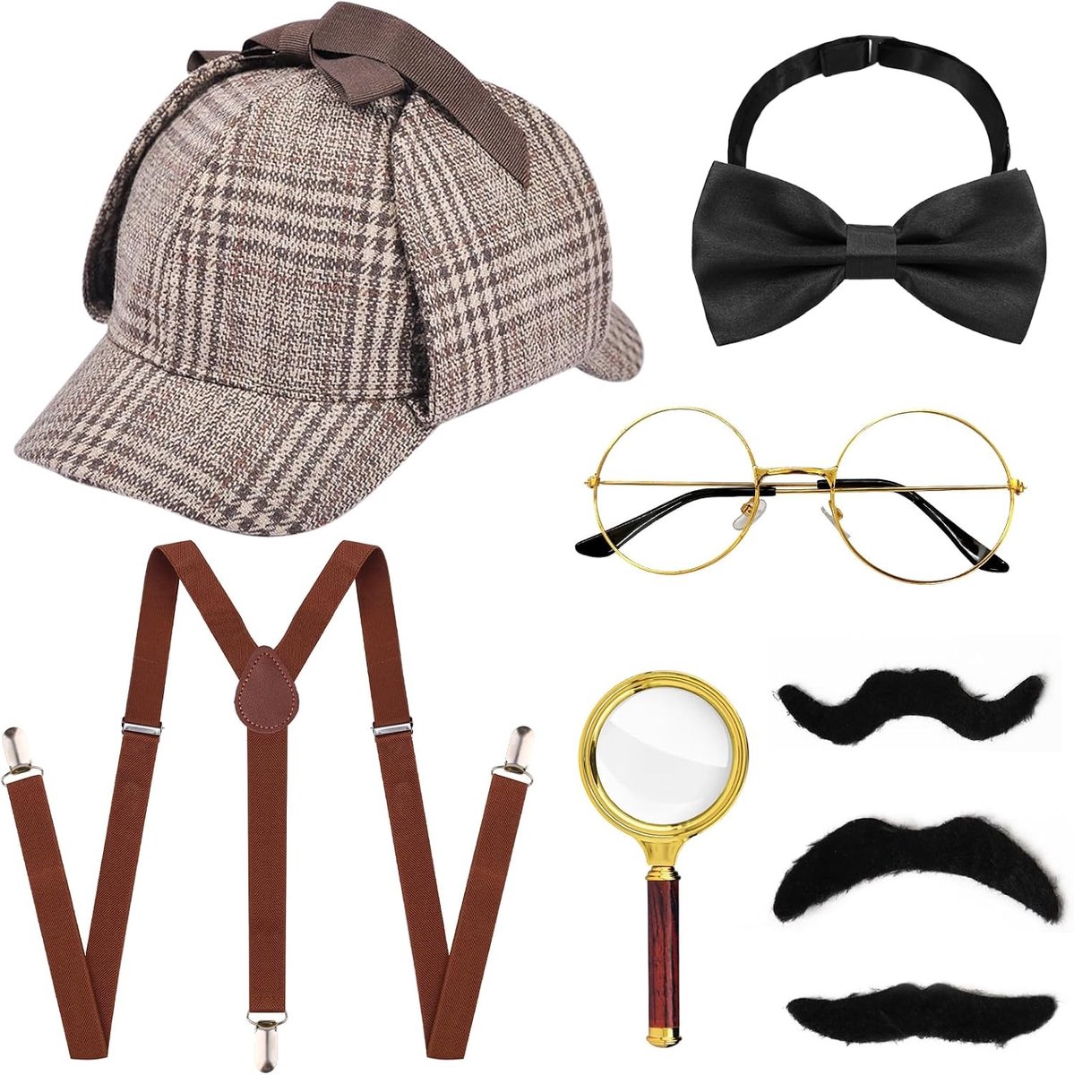 Vintage 1920s Detective Kostuum Accessoires Set met Hoed, Y-Back, Stropdas, Vergrootglas en Snor voor Carnaval en Cosplay