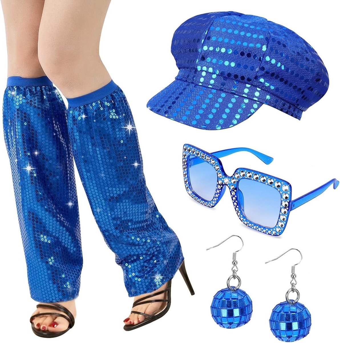 6 Stuks Jaren 70 Disco Accessoires Set voor Vrouwen, Pailletten Hoed, Bling Zonnebril, Oorbellen en Beenwarmers voor Retro Thema Feest en Hippie Kostuum