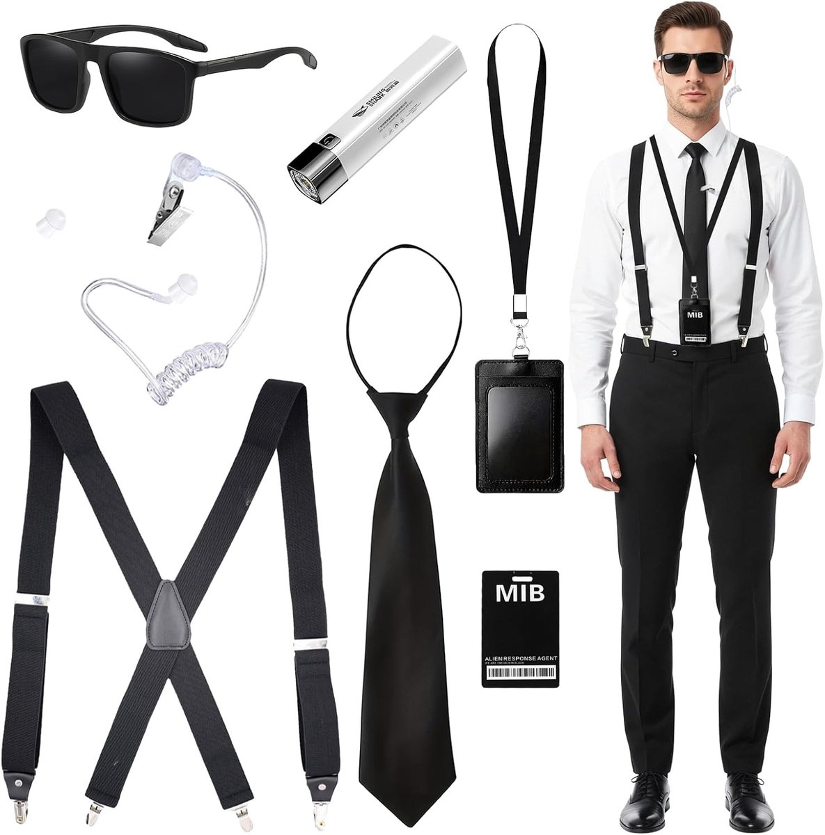 Agent Kostuum Accessoires Set met Zonnebril, Stropdas, Y-Suspenders en ID Badge voor Feestjes en Verkleedpartijen