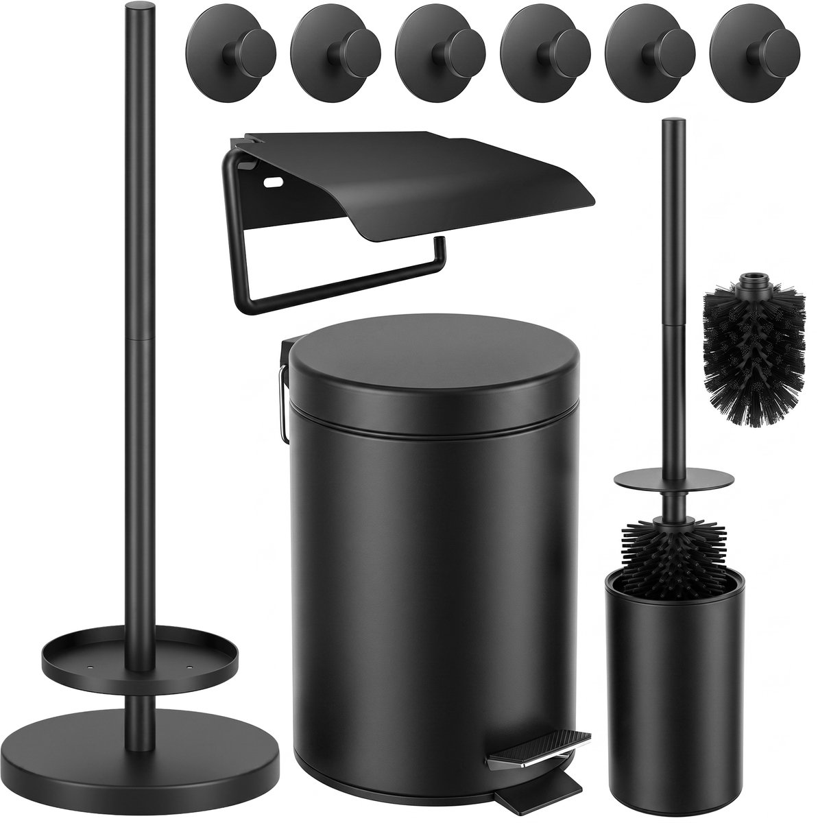 Toiletset Zwart 5-Delig - Reserverolhouder met Klepje & Verhoogde Vrijstaande Toiletrolhouder voor 5 Rollen - Toiletborstelhouder, Pedaalemmer en Handdoekhaakjes - Toiletaccessoireset