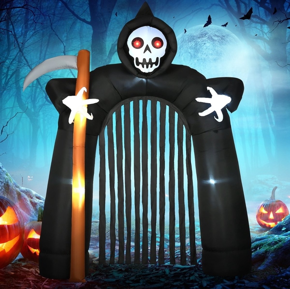 FloraGrace Opblaasfiguur – Zelfopblazende Magere Hein Torboog – 2,85 m – Polyester – Zwart – Halloween Tuindecoratie Met Ledverlichting