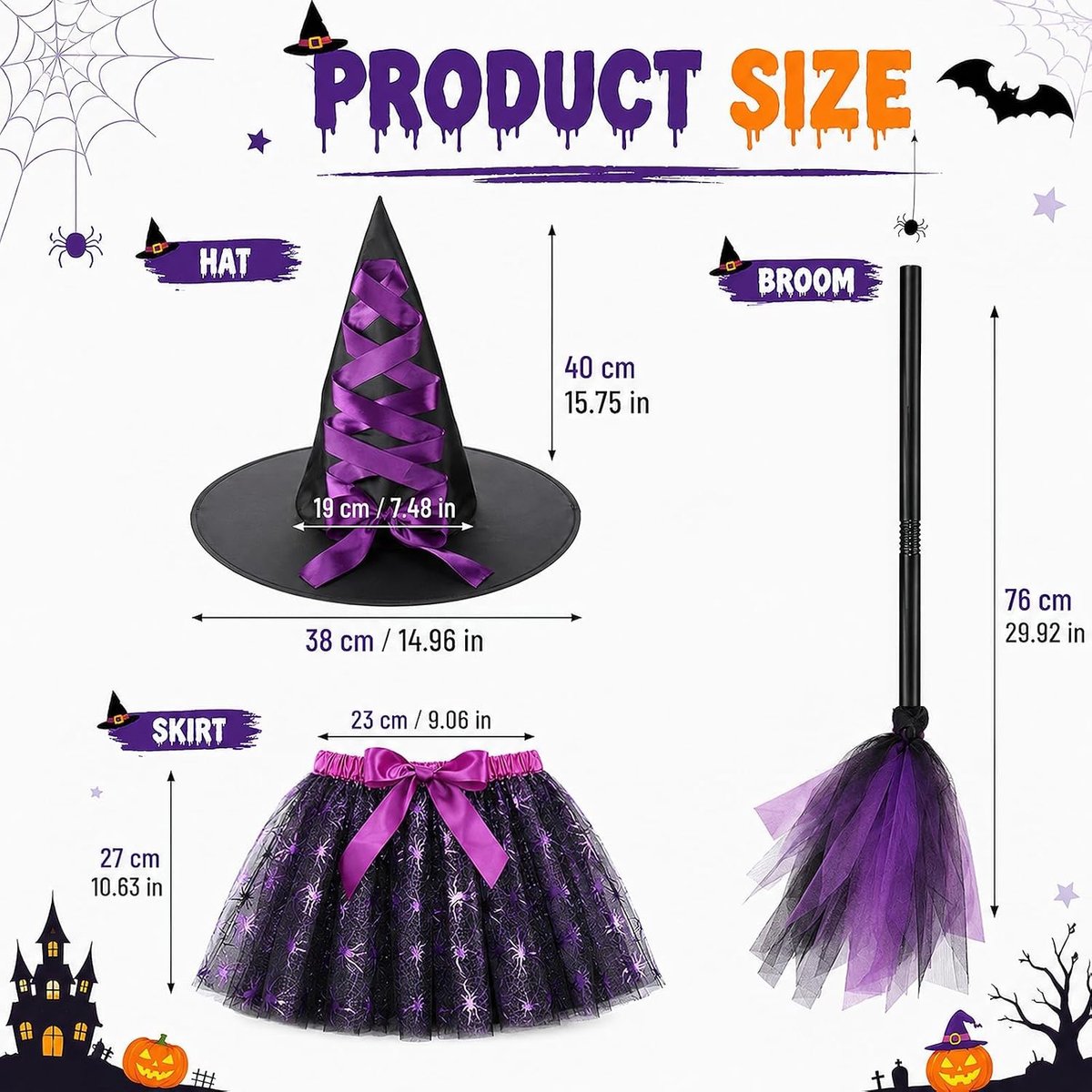 3-delig Halloween Kostuum voor Meisjes, Tovenaar Kostuum met Tule Rok, Hoed en Bezem voor Carnaval, Verkleedfeest en Themafeesten