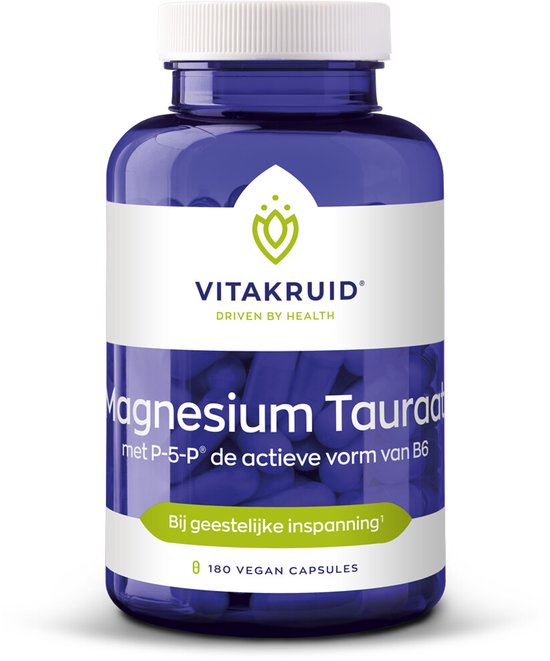 Paars vat met witte dop en label, met de tekst 'Magnesium Taurate met P-5-P' en '180 VEGAN CAPSULES'.