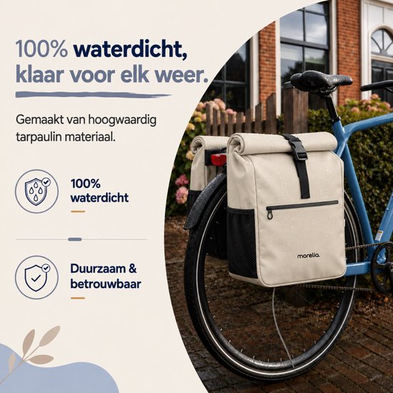 Morelia® Fietstas Dubbele Rolltop (52 Liter Beige) - 100% Waterdicht - Fietstassen - Fietstassen Electrische Fietsen - Fietstassen Dubbel - Tarpaulin materiaal — afbeelding 2