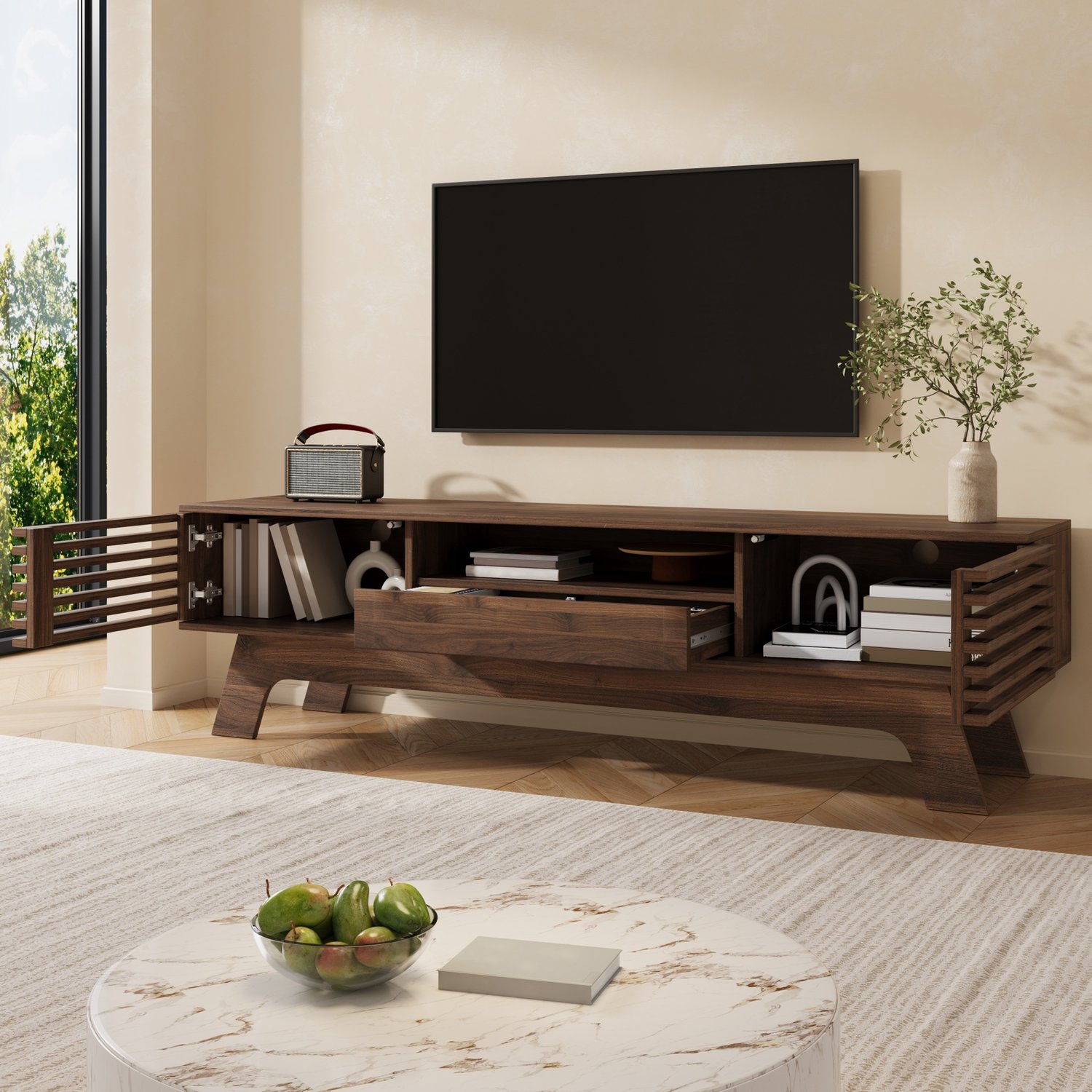 MODENUIT TV Meubel - Lamellendeuren Met Lade En Kabeldoorvoer - Woonkamer - MDF - Walnoot - 150x35x44 Cm Walnut