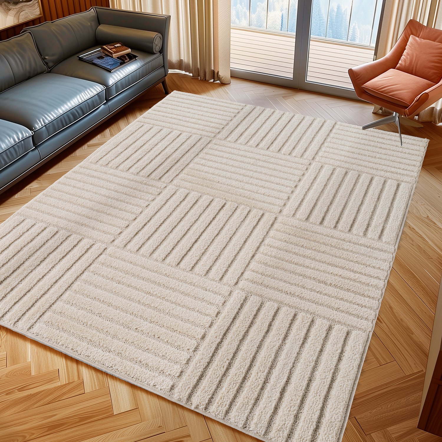 Moonay Kiyaro Kubo Vloerkleed Crème 140 x 200 cm - Japandi Scandinavisch - Geometrische Strepen - Hoog- en Laagpolig 3D
