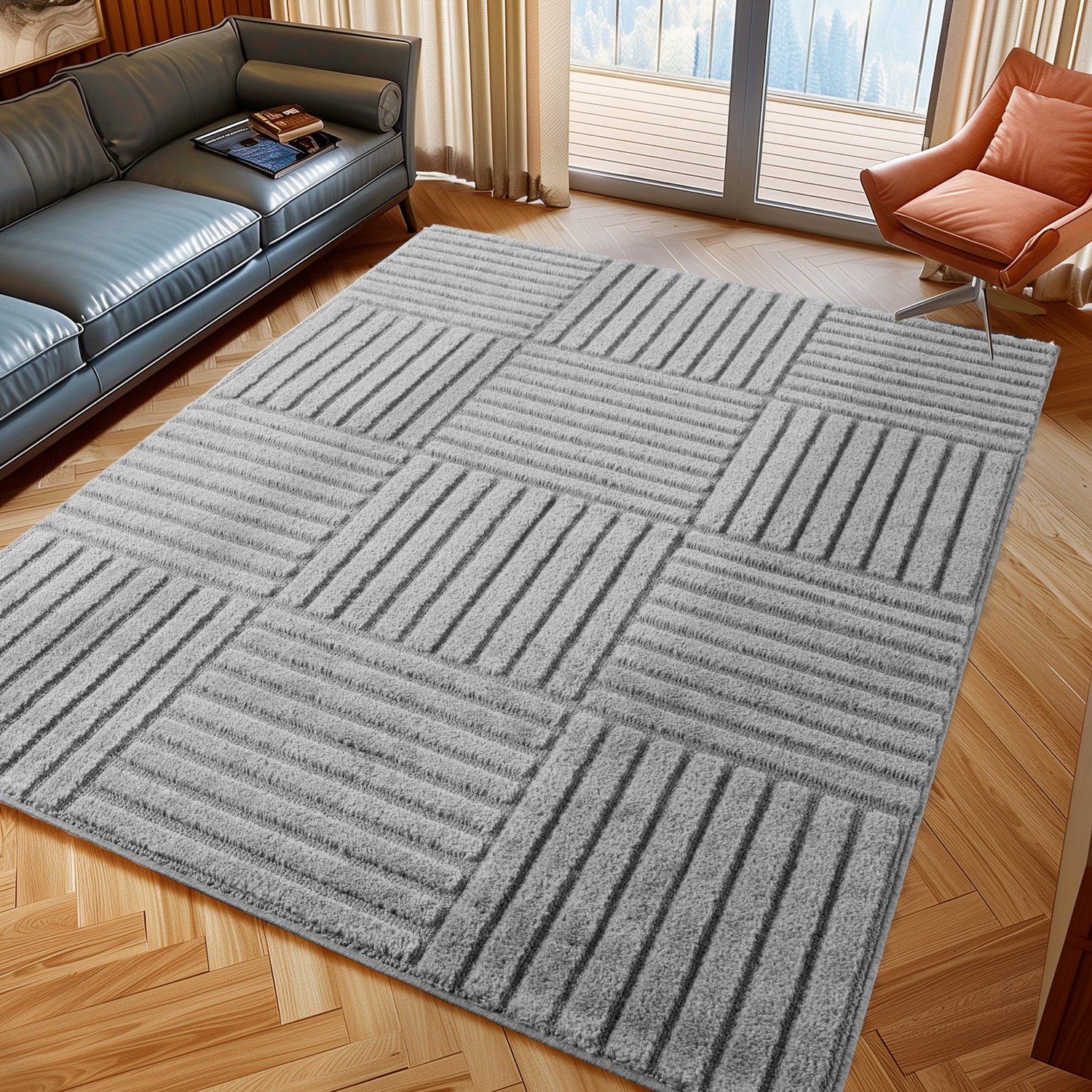 Moonay Kiyaro Kubo Vloerkleed Grijs 120 x 170 cm - Japandi Scandinavisch - Geometrische Strepen - Hoog- en Laagpolig 3D