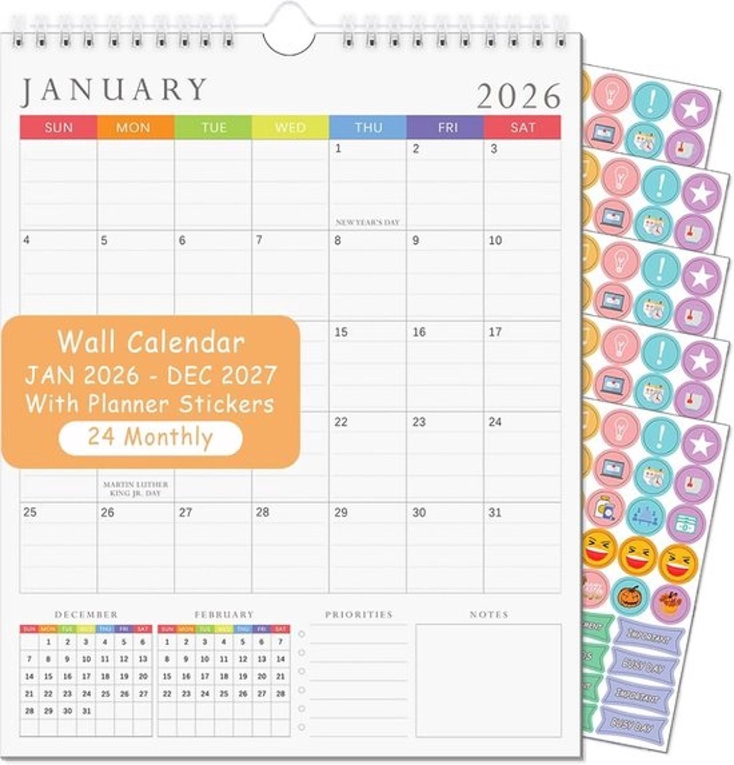 Wandkalender 2026-2027 - 24 maanden planner - Januari 2026 t/m december 2027, inclusief stickers