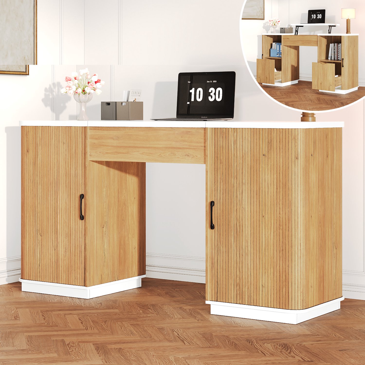 HAUSS SPOLE Bureau - Handmatig Verstelbaar - Ruime Opbergruimte Met 2 Lades En 2 Open Vakken - MDF - 140 x 50 cm - Wit Eiken Wit/eikenlook